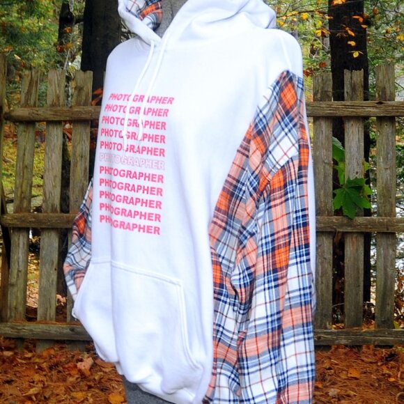 PHOTOGRAPHER Preme Upcycled Reconstructed Hoodie Sweatshirt XL Plaid Sleeves - Picture 9 of 10